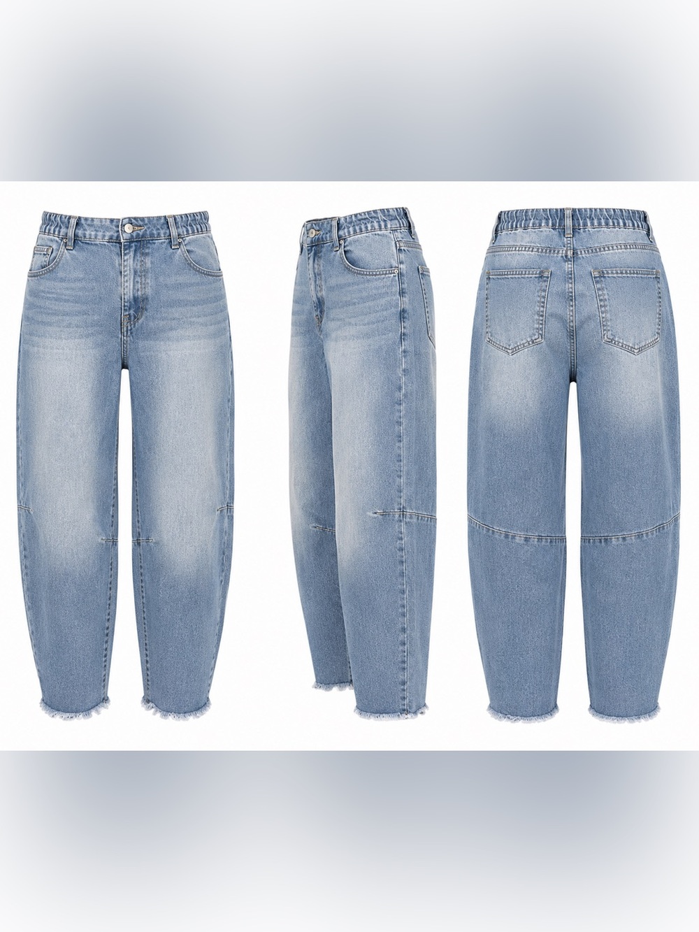 Light Wash Barrel Jeans 4XL Elastic Waist Raw Hem Cropped Denim